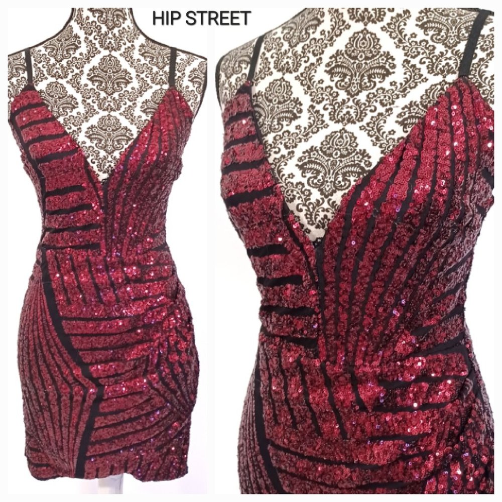 WINDSOR Red Sequin Spaghetti Strap Sarong Skirt Stretch Prom Party Mini Dress L